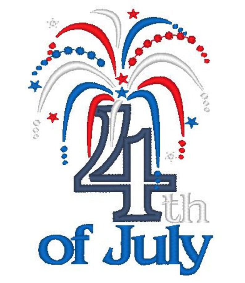 May include: A blue and white 4th of July design with a red, white, and blue firework graphic. The text "4th of July" is in blue.