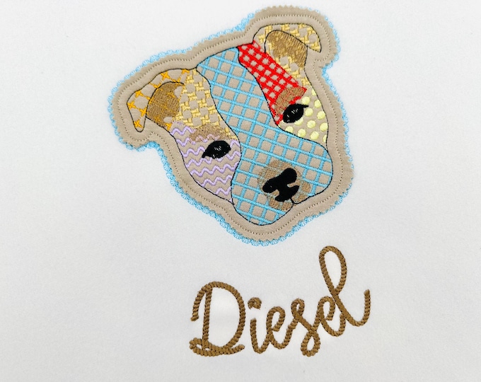 Staffie Staffordshire Bull Terrier Applique Patchwork Lace Edge patterned Puppy machine embroidery designs sizes 4 up to 8 in dog outline