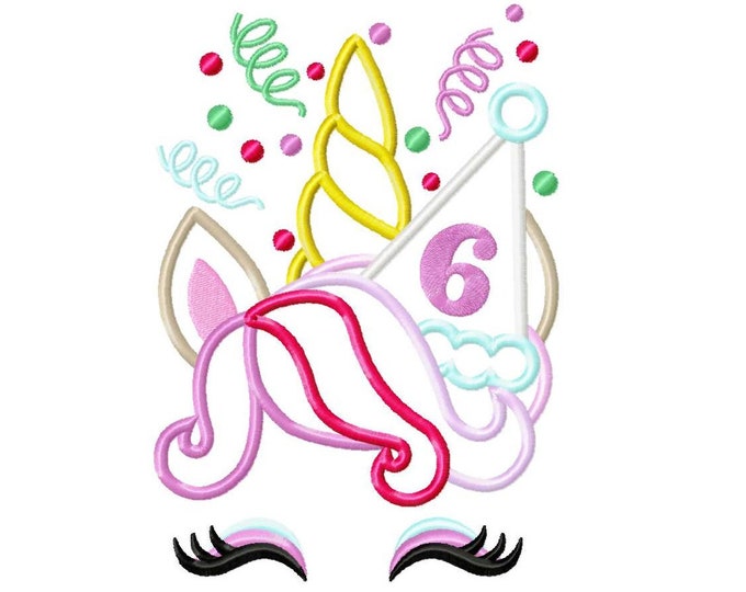 Birthday number SIX 6 rainbow Unicorn confetti crown birthday party hat applique machine embroidery design kids girl magic birthday outfit