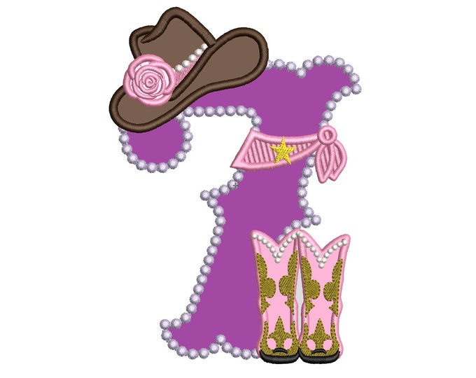 Lady Cowboy Birthday number SEVEN 7 - one number - machine embroidery applique designs for hoop 5x7 pretty farm girl cowgirl birthday party