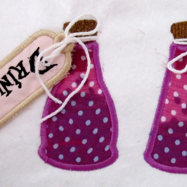 Bottles and name tags "Drink me" and "Eat me" set Alice in wonderland tea party theme birthday machine embroidery designs for hoop 4x4, 5x7