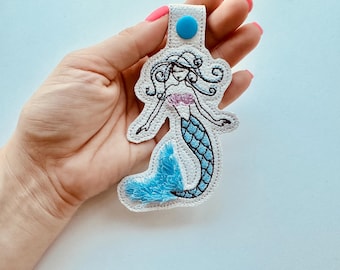 Pretty Mermaid Key Fob Snap Tab and Eyelet In the Hoop Machine Embroidery designs ITH Project Ocean Themed Keychain Tag Summer vibes fringed