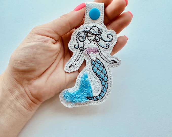 Pretty Mermaid Key Fob Snap Tab and Eyelet In the Hoop Machine Embroidery designs ITH Project Ocean Themed Keychain Tag Summer vibes fringed