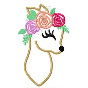 Little Baby deer Fawn head with flowers floral crown roses Applique Design Baby Deer machine embroidery applique designs 4x4 5x7 6x10