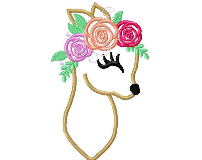 Little Baby deer Fawn head with flowers floral crown roses Applique Design Baby Deer machine embroidery applique designs 4x4 5x7 6x10