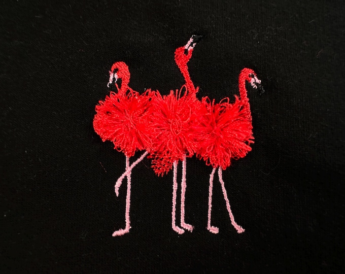 Mini Fringed fluffy 3 Flamingos flock of 3 Flamingo bird machine embroidery designs small sizes for hoop 4x4 fringe fur chenille design