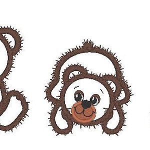 May include: Three embroidered teddy bears in different sizes. The largest bear is sitting with its paws crossed. The middle bear is lying on its stomach with its head raised. The smallest bear is lying on its stomach with its head resting on its paws. All three bears have brown fur and white faces with black eyes and brown noses.