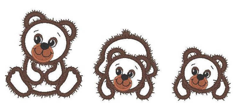 May include: Three embroidered teddy bears in different sizes. The largest bear is sitting with its paws crossed. The middle bear is lying on its stomach with its head raised. The smallest bear is lying on its stomach with its head resting on its paws. All three bears have brown fur and white faces with black eyes and brown noses.