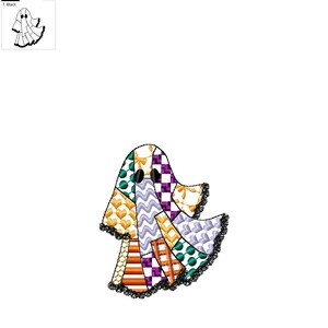 May include: A patchwork ghost design in various colors including orange, purple, green, and black. The ghost is made of different fabric patterns and has a black lace trim. The image also includes color swatches.