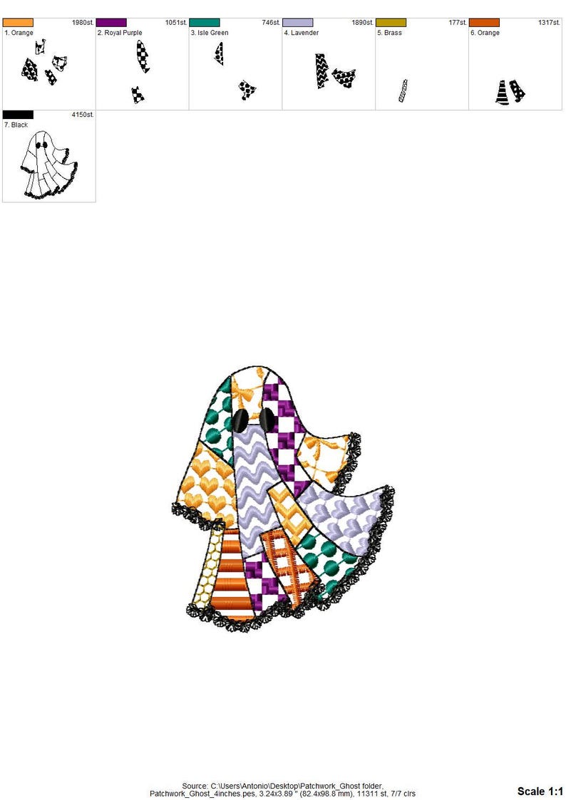 May include: A patchwork ghost design in various colors including orange, purple, green, and black. The ghost is made of different fabric patterns and has a black lace trim. The image also includes color swatches.