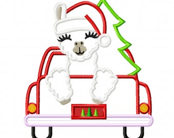 Llama on Red truck back Station wagon with Christmas tree Red Truck in the back Vintage machine embroidery applique designs  5x7 6x10 8x8