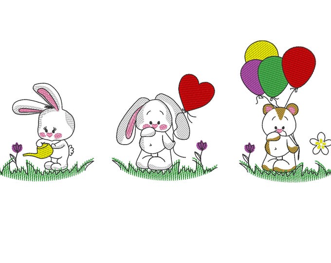 Redwork sketch outline baby nursery machine embroidery designs, SET of 3 baby bunny and teddy bear quick stitch embroidery for hoop 4x4, 5x7