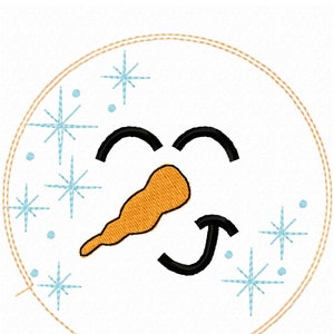May include: A white snowman face with a black mouth, black eyes, and an orange carrot nose. The snowman face is surrounded by blue and white snowflakes.