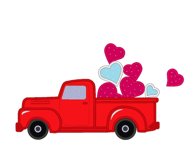 Vintage station wagon red truck with hearts and floating heart farm Applique and fill stitch machine embroidery designs hoop 4x4 5x7 6x10