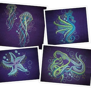Sea life awesome shadow SET of 4 Octopus Seahorse Jellyfish Starfish Sea Star machine embroidery designs for hoop 4x4, 5x7 assorted sizes