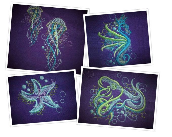 Sea life awesome shadow SET of 4 Octopus Seahorse Jellyfish Starfish Sea Star machine embroidery designs for hoop 4x4, 5x7 assorted sizes