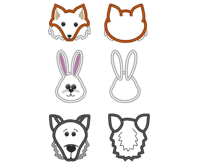 Wolf, fox and bunny - front and rear view - single separate designs set in 2, 3, 4 inches