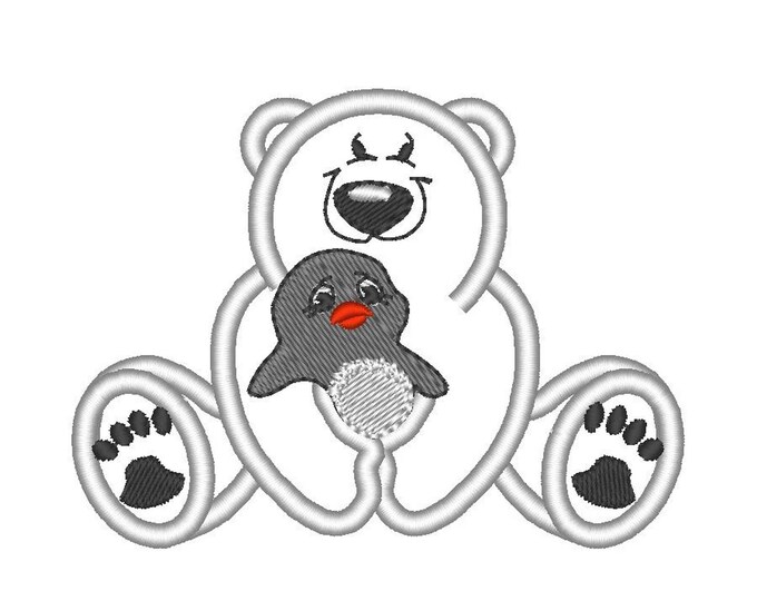White Polar Bear with Penguin Applique and fill stitch kids baby winter animal machine embroidery designs sizes for hoop 4x4 and 5x7