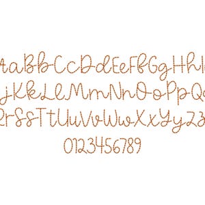 May include: A handwritten alphabet and numbers in a brown rope font. The letters are stylized and have a whimsical feel.