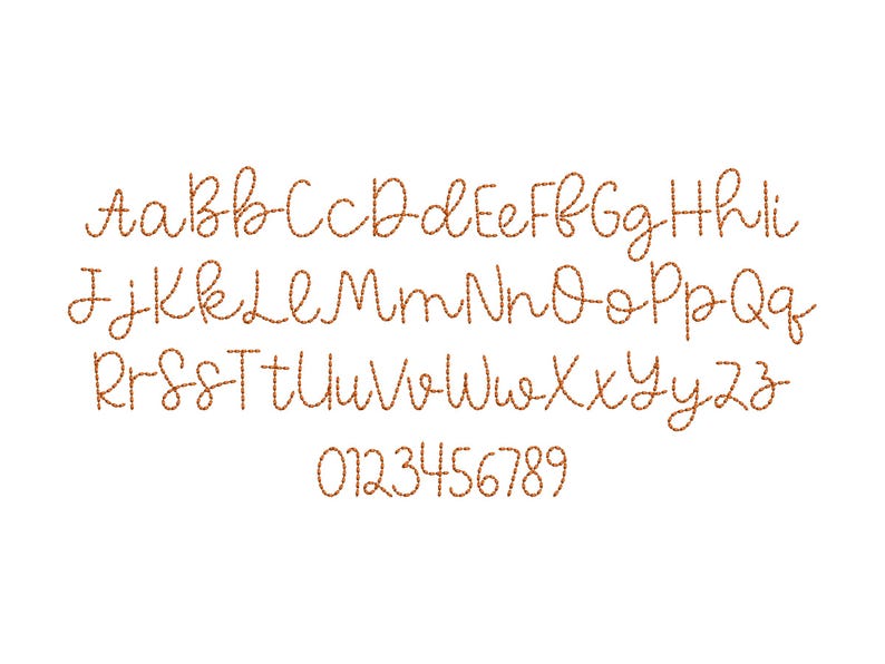 May include: A handwritten alphabet and numbers in a brown rope font. The letters are stylized and have a whimsical feel.