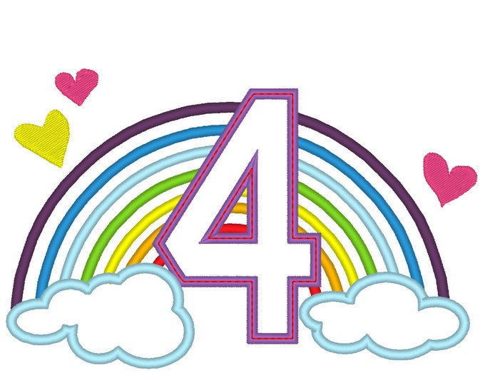 Cute Rainbow Birthday Number 4 four only machine embroidery applique designs, sizes 5, 6and 7 inches INSTANT DOWNLOAD