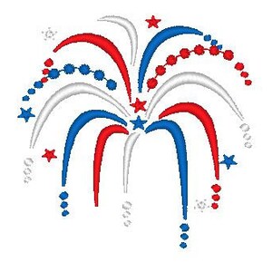 May include: Red, white, and blue fireworks exploding in the sky. The fireworks are in the shape of stars and have a sparkly effect.