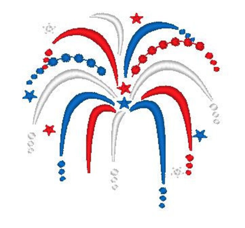 May include: Red, white, and blue fireworks exploding in the sky. The fireworks are in the shape of stars and have a sparkly effect.