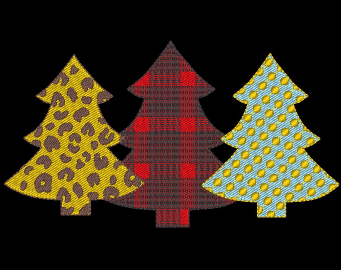Plaid checked Polka dot Chevron Woodlands Tree Trio Fill stitch light  Triple embroidery design 3 Christmas tree in a row embroidery