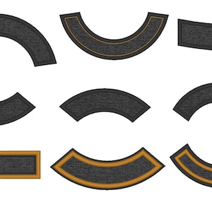 May include: Nine different black fabric patches with a curved shape. Some patches have a gold border. The patches are blank and ready to be customised.