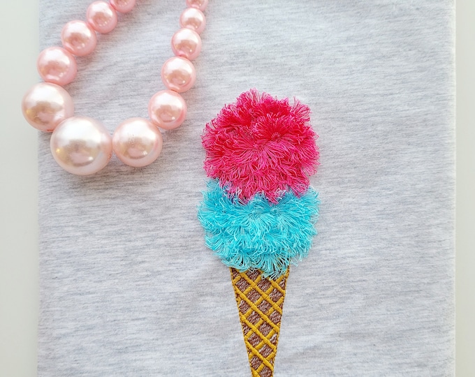 Ice cream cone Fringed fluffy chenille 2 ice cream balls machine embroidery designs for hoop 4x4, 5x7, fringe fur awesome design for kids