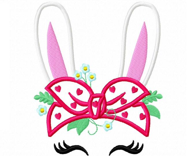 Easter Bunny head with heifer bandanna with little polka dot hearts, bunny ears applique, bunny face machine embroidery designs 4x4 5x7 6x10