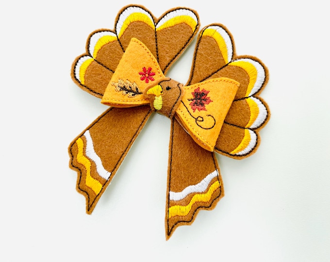 Festive Turkey Bow 3D dimensional machine embroidery designs felt feltie design simply in the hoop ITH project kids girls Farm Thanksgiving