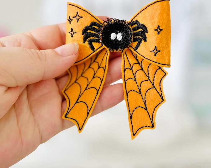 Halloween spooky Spider Bow 3D dimensional fur fluffy fringed machine embroidery designs kids felt feltie design in the hoop ITH project