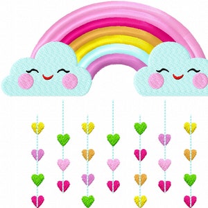 May include: A rainbow with pink, red, orange, yellow, green, blue, and purple stripes. Two clouds with smiling faces are on either side of the rainbow.  Hearts of different colors hang from the clouds.