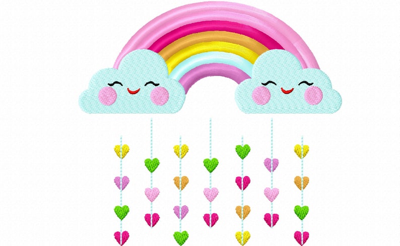 May include: A rainbow with pink, red, orange, yellow, green, blue, and purple stripes. Two clouds with smiling faces are on either side of the rainbow.  Hearts of different colors hang from the clouds.