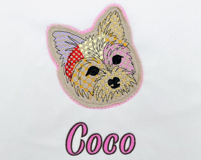 Yorkie Yorkshire Terrier Applique Patchwork and Lace Edge patterned Puppy pet machine embroidery designs sizes 4 up to 8 inches dog outline