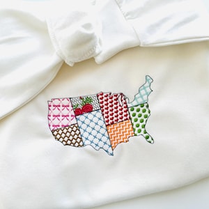 Patchwork VS-staten met patroon Amerikaans silhouet silhouet kaart van de Verenigde Staten van Amerika machineborduurontwerpen maten 4 t/m 9 op 4 juli