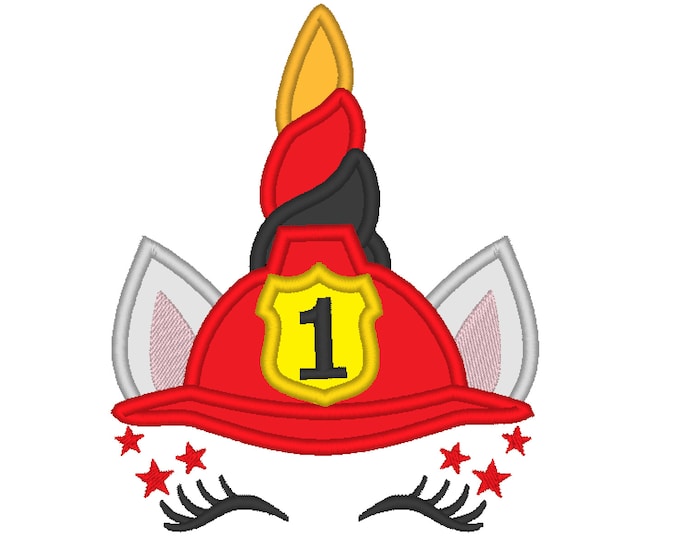 Birthday numbers Firefighter unicorn head with firefighter hat and number Fire department unicorn machine embroidery designs 5, 6, 7 inches