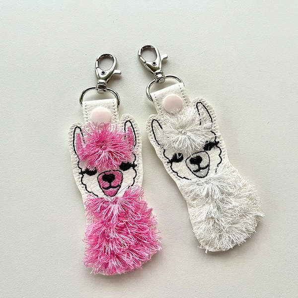 Fringed Llama key fob snap tab in the hoop machine embroidery designs ITH project keychain Awesome fluffy fur little llama kids backpack tag