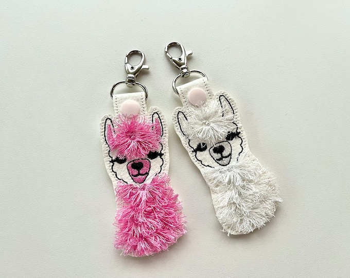 Fringed Llama key fob snap tab in the hoop machine embroidery designs ITH project keychain Awesome fluffy fur little llama kids backpack tag