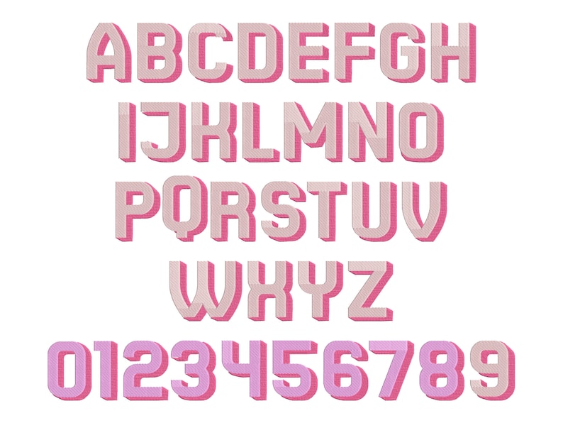 May include: A pink and white alphabet and numbers font with a 3D effect. The letters and numbers are outlined in pink and have a white interior.