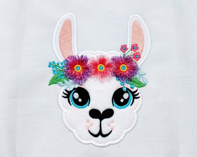 Llama face 3D Fringed Flowers floral crown, pretty lama head alpaca face kids girl applique machine embroidery designs for hoop 5x7, 6x10