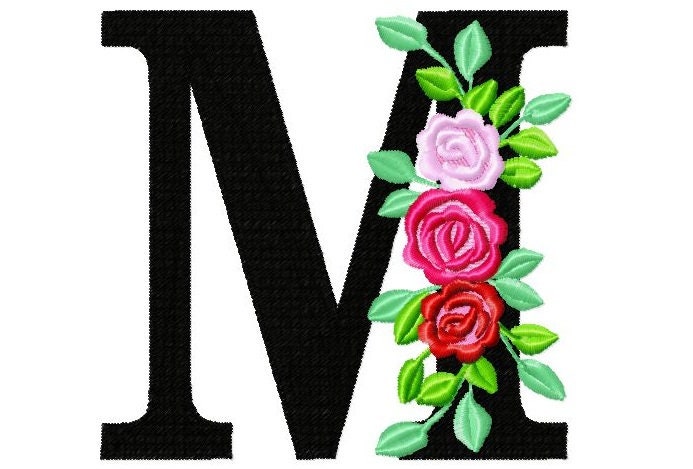 Country Floral letter M garden flag monogram flowers flower flowered Font  machine embroidery designs monogram M only 3,5, 4, 5, 6, 7, 8 in