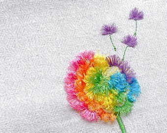 Fringed Dandelion Flower ITH project fringe in the hoop machine embroidery designs, rainbow blossom blowing the fluffy seeds kids Chenille