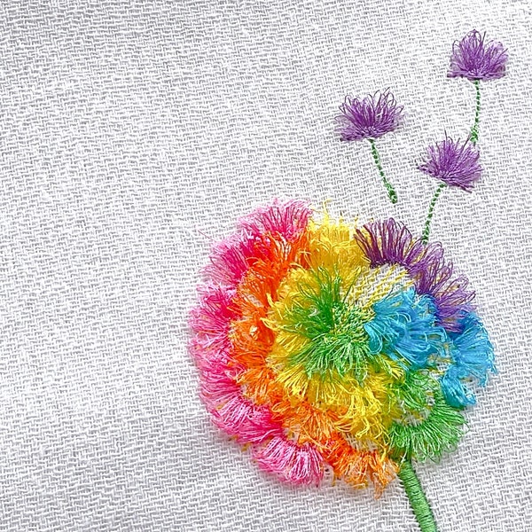 Frange de projet ITH de fleur de pissenlit à franges dans le cerceau de motifs de broderie machine, fleur arc-en-ciel soufflant les graines duveteuses Chenille pour enfants