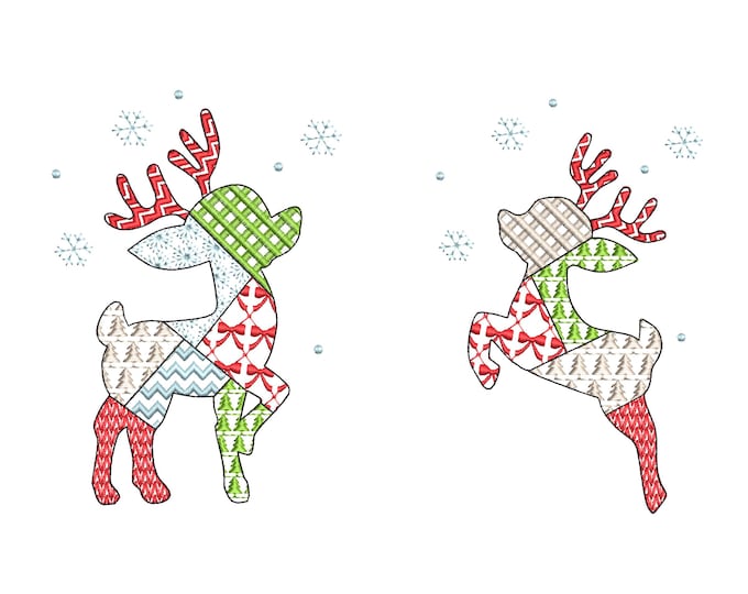Patchwork Deer Noel and Tinsel Set of 2 types Christmas theme patterned silhouette outline machine embroidery designs sizes 4 up to 8 inches