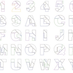 May include: A black and white image of the alphabet and numbers 0-9, each letter and number is made up of a series of lines that form a grid pattern.