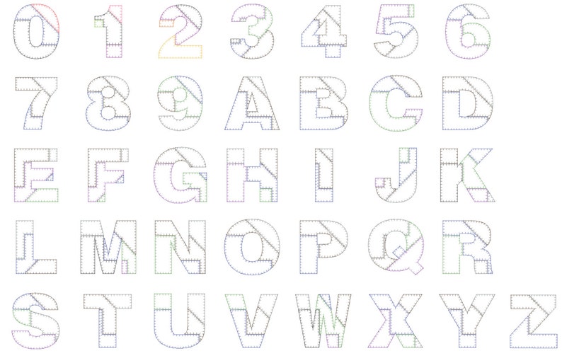 May include: A black and white image of the alphabet and numbers 0-9, each letter and number is made up of a series of lines that form a grid pattern.