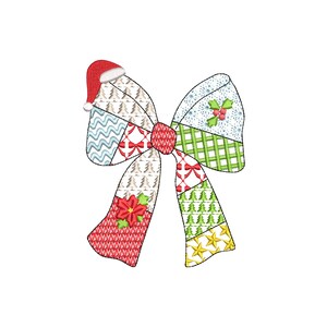 K&ouml;nnte beinhalten: Eine festliche Weihnachtsschleife mit Weihnachtsm&uuml;tze, mit einem Patchwork-Design. Die Schleife enth&auml;lt verschiedene Muster, darunter Weihnachtsb&auml;ume, Sterne und Stechpalmen, in Rot-, Gr&uuml;n-, Blau- und Goldt&ouml;nen. Ein dekoratives Element f&uuml;r die Weihnachtszeit.