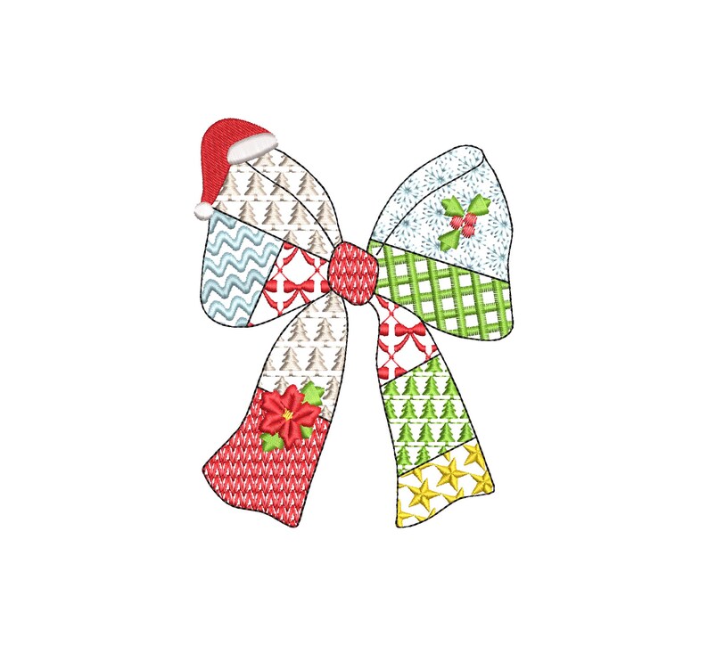K&ouml;nnte beinhalten: Eine festliche Weihnachtsschleife mit Weihnachtsm&uuml;tze, mit einem Patchwork-Design. Die Schleife enth&auml;lt verschiedene Muster, darunter Weihnachtsb&auml;ume, Sterne und Stechpalmen, in Rot-, Gr&uuml;n-, Blau- und Goldt&ouml;nen. Ein dekoratives Element f&uuml;r die Weihnachtszeit.